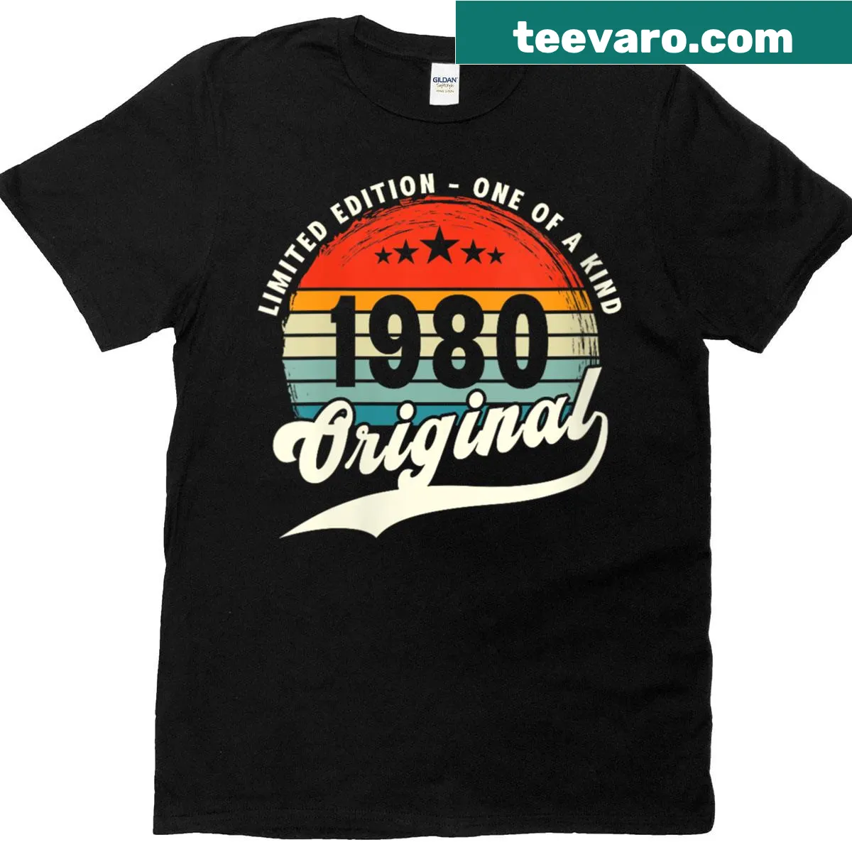 Vintage birthday T-shirt for women with '1980 Original Vintage' text — on a men's t-shirt