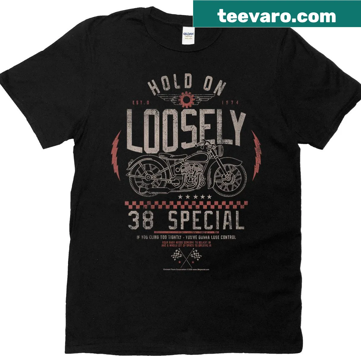 Vintage motorcycle logo t-shirt featuring 38 Special Hold On Loosely — on a men's t-shirt