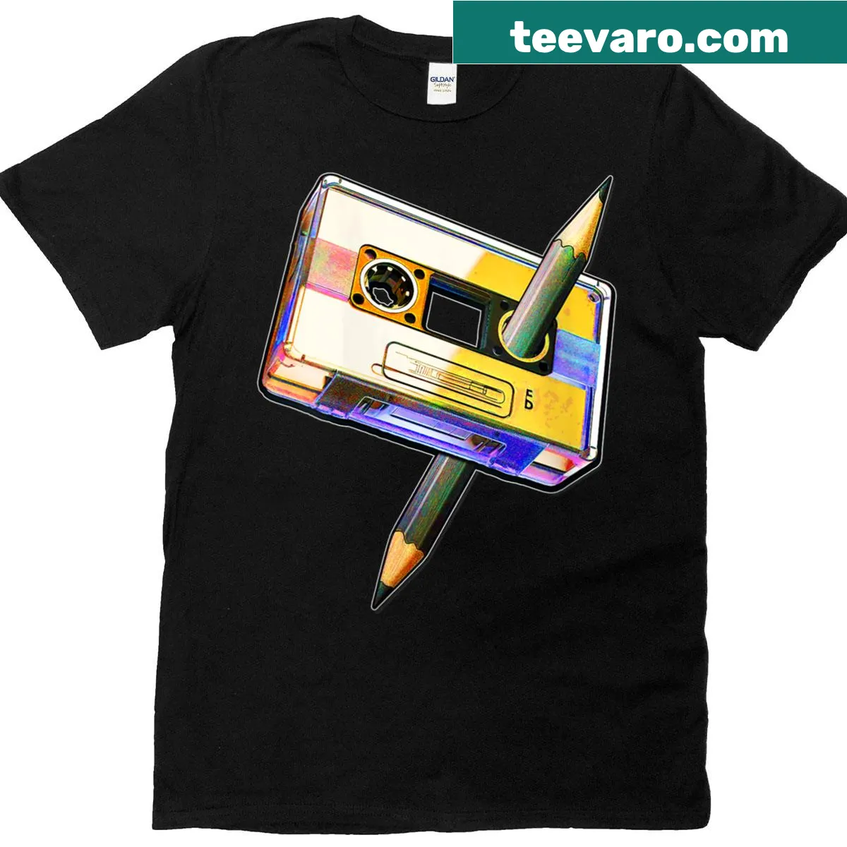 Retro 80s cassette tape t-shirt with pencil design — on a men's t-shirt