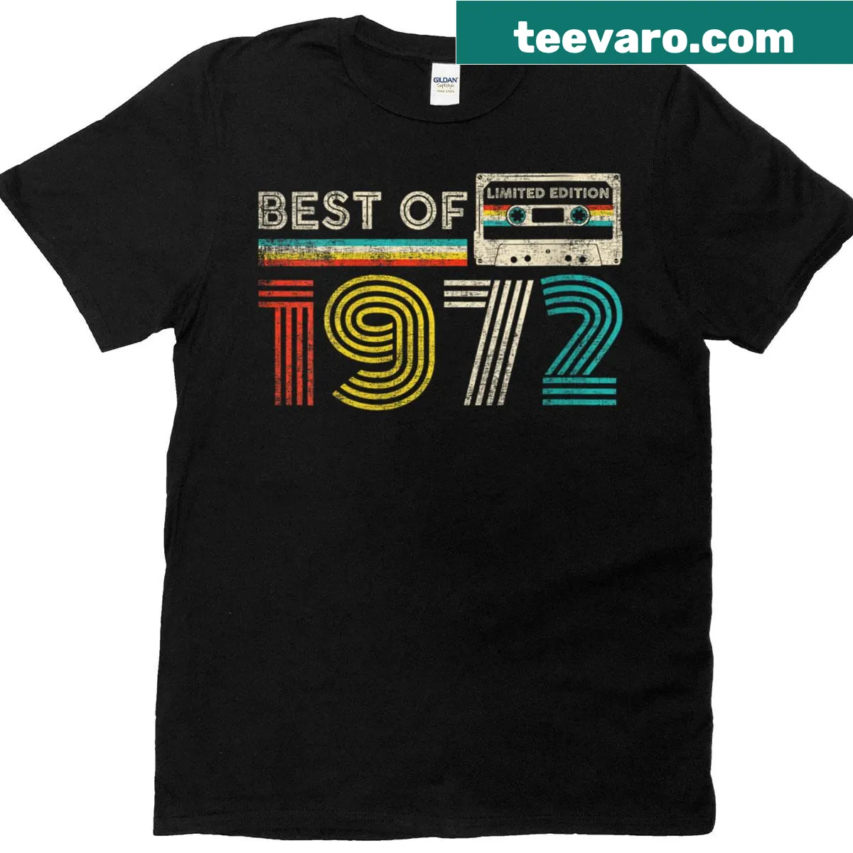 Vintage 1972 birthday t-shirt featuring a cassette tape graphic — on a men's t-shirt