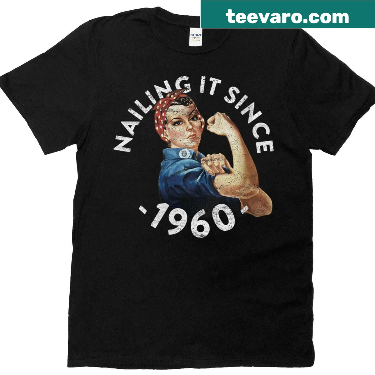 Vintage Americana T-shirt featuring Rosie the Riveter for 1960 birthday — on a men's t-shirt