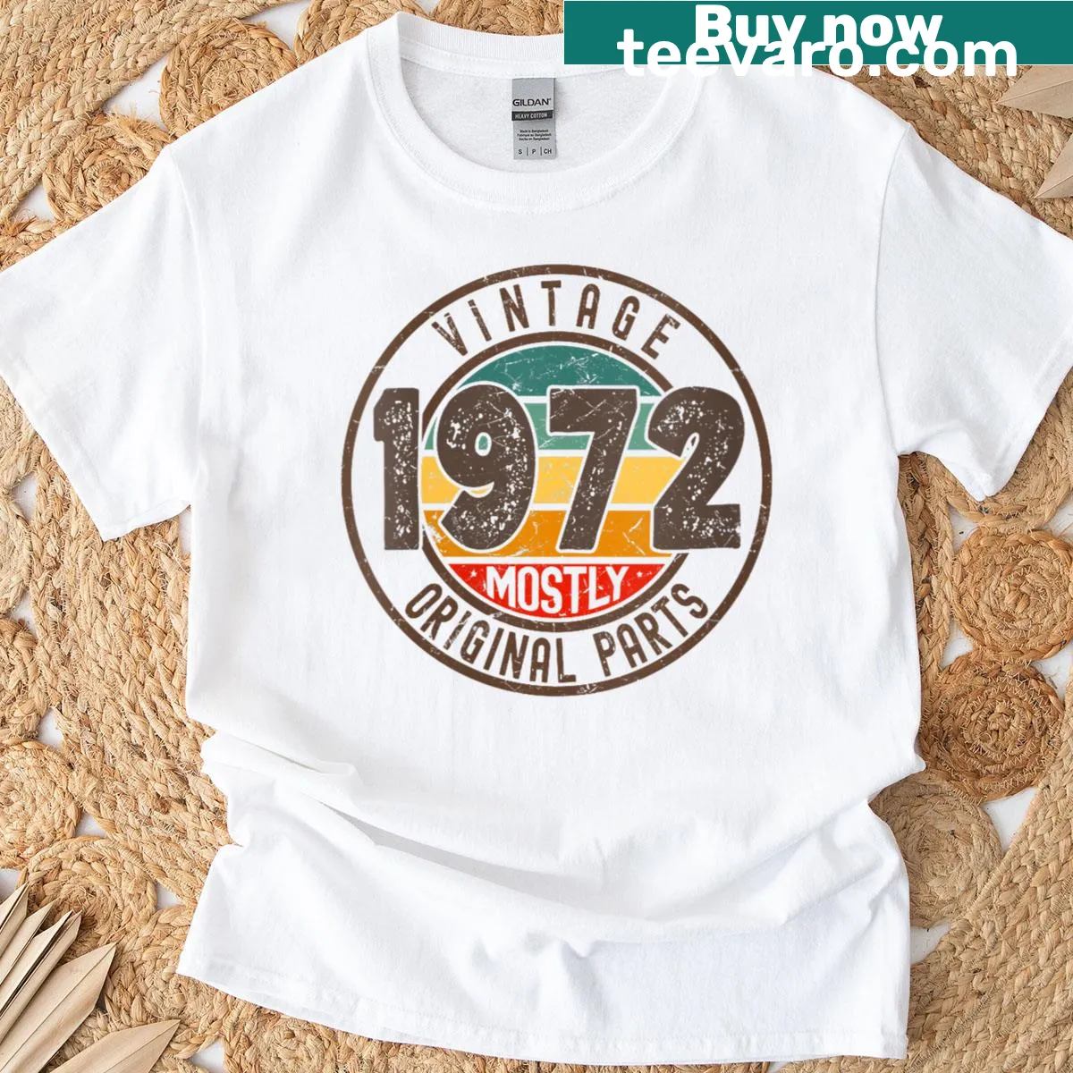 Vintage tee with 'Born in 1972' text design — on a men's t-shirt