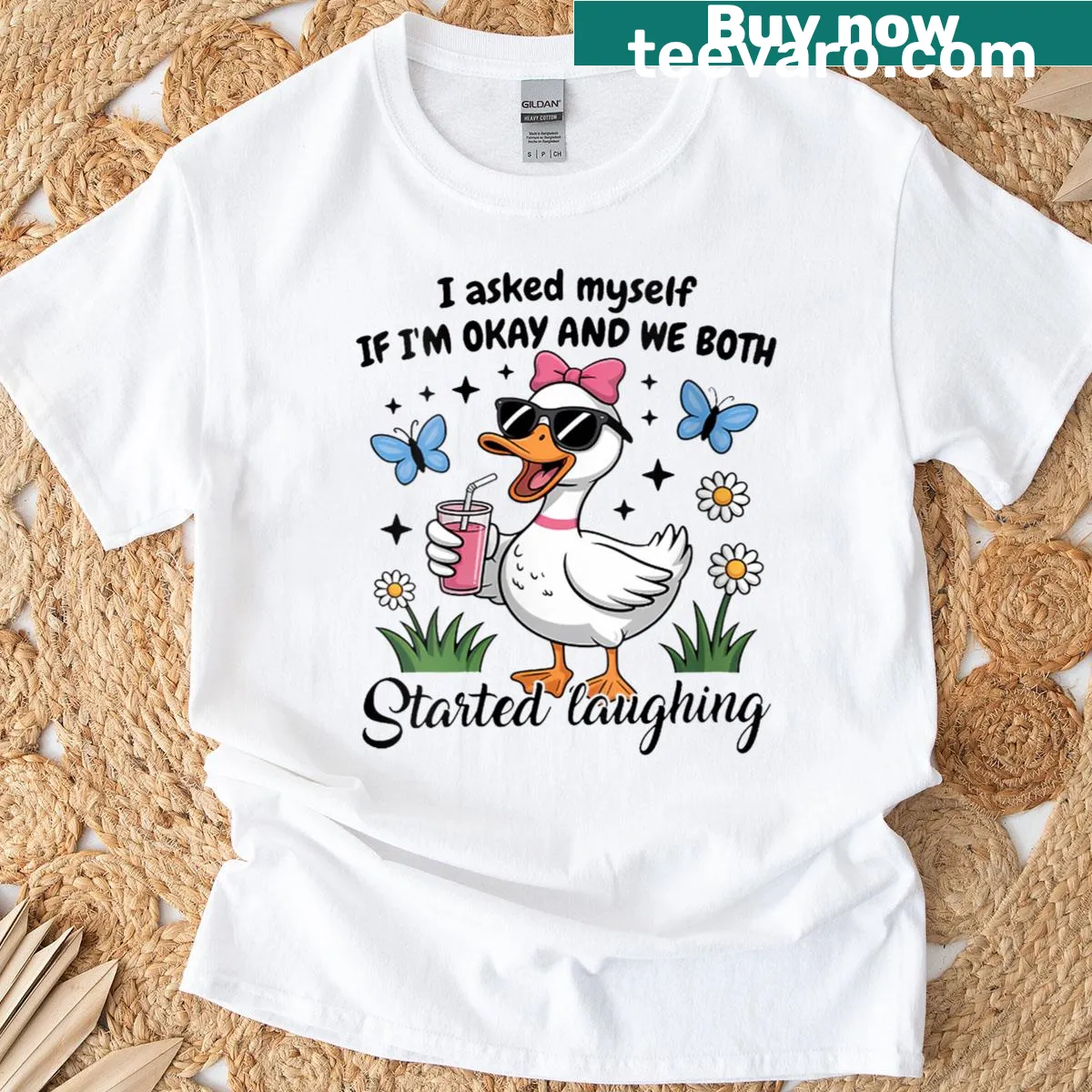 Funny t-shirt with humorous saying about laughing with a goose — on a men's t-shirt
