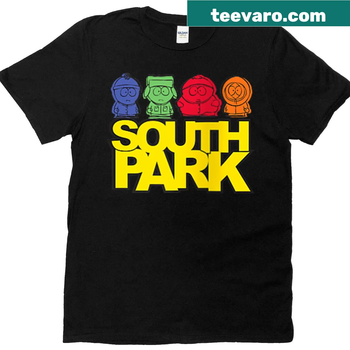 South Park pop art T-shirt featuring cartoon cast — on a men's t-shirt