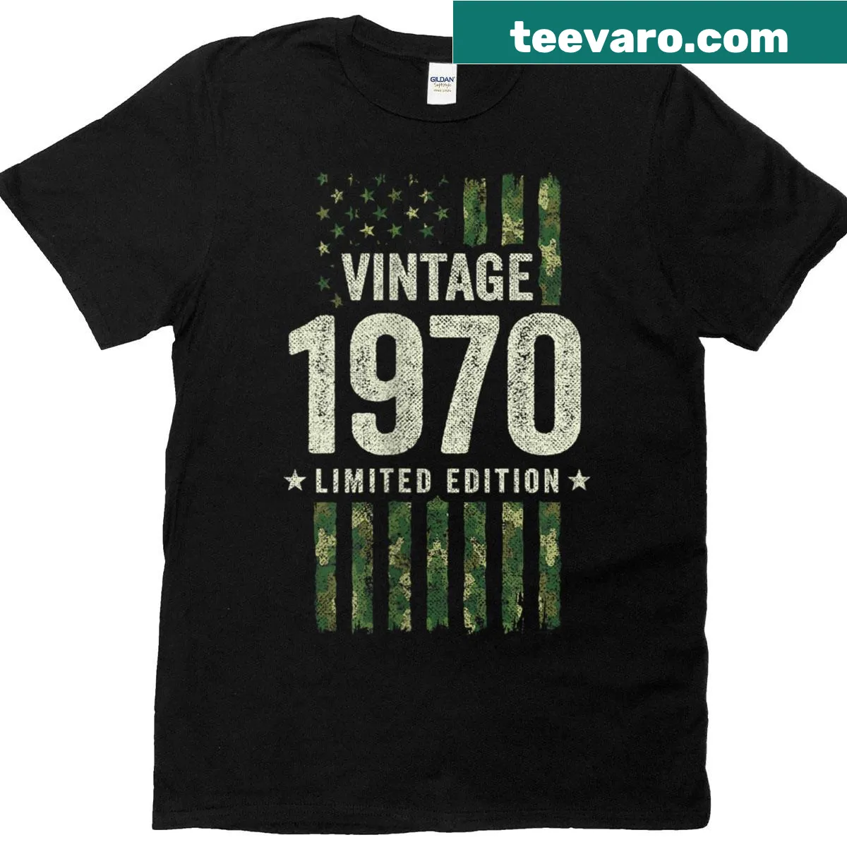 Vintage 1970 birthday t-shirt with military camo and American flag — on a men's t-shirt