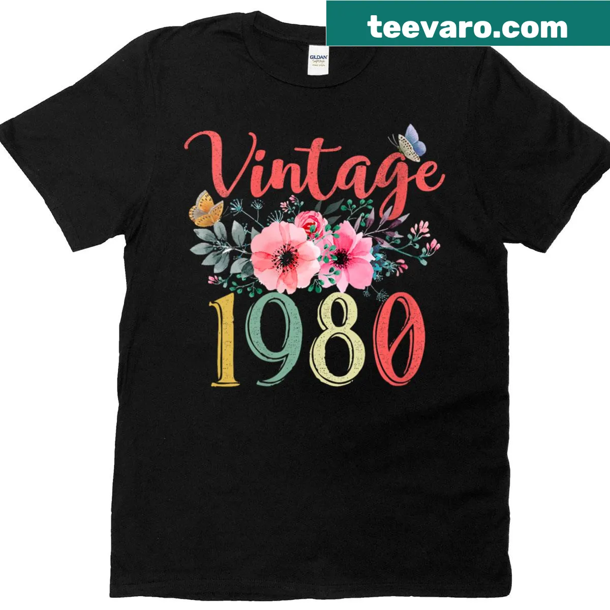 Vintage 1980 floral t-shirt for 45th birthday celebration — on a men's t-shirt