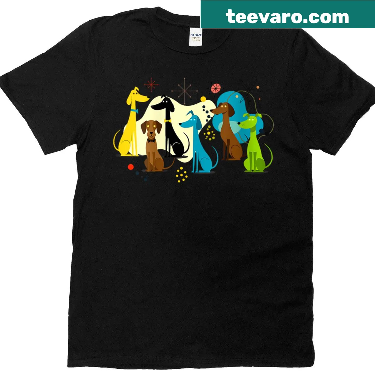 Vintage-style mid-century modern dog illustration t-shirt — on a men's t-shirt