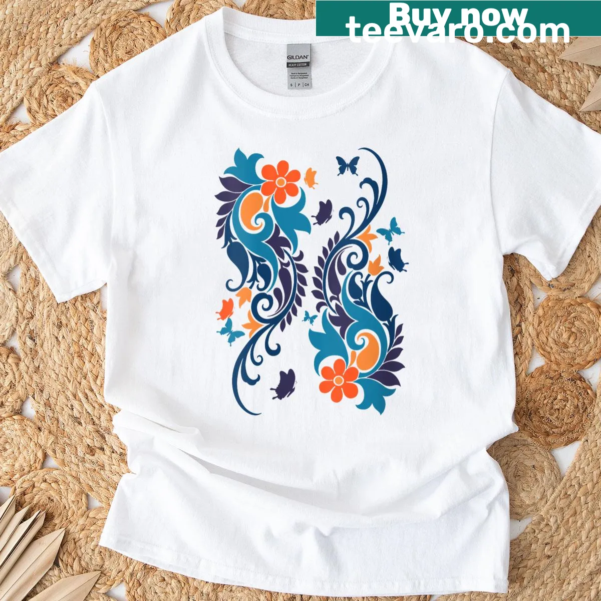 Boho floral design with vintage distressed style — on a men's t-shirt