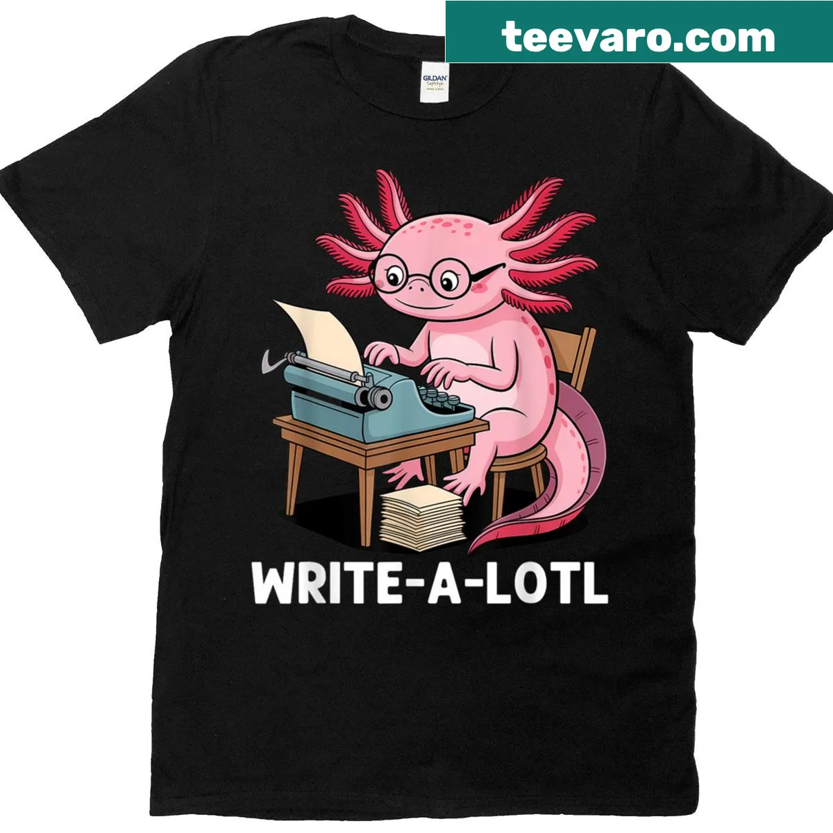 Funny T-shirt with 'Write-alotl' featuring an axolotl design — on a men's t-shirt