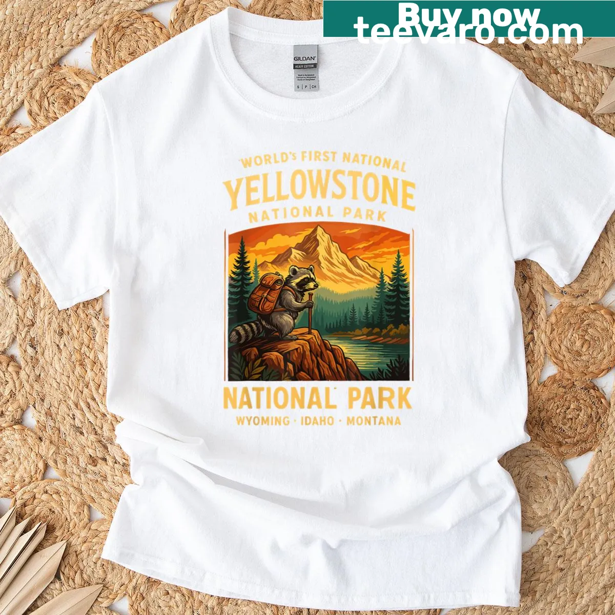 Vintage camping design with a raccoon and Yellowstone theme — on a men's t-shirt