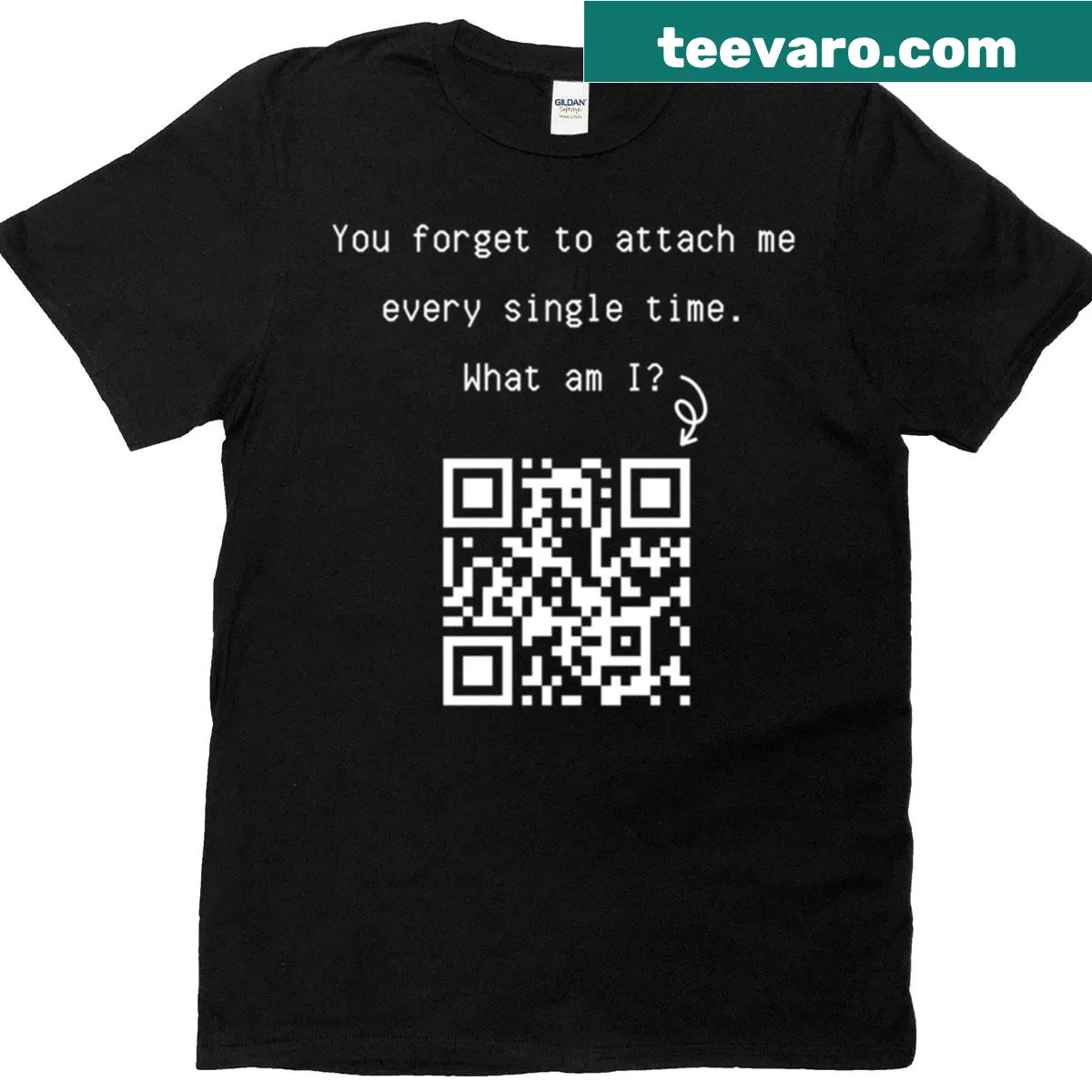 Witty T-shirt featuring a QR code phrase about being forgotten — on a men's t-shirt