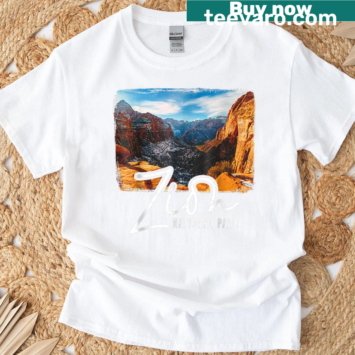 Vintage-style T-shirt featuring Zion National Park landscape design. — on a men's t-shirt