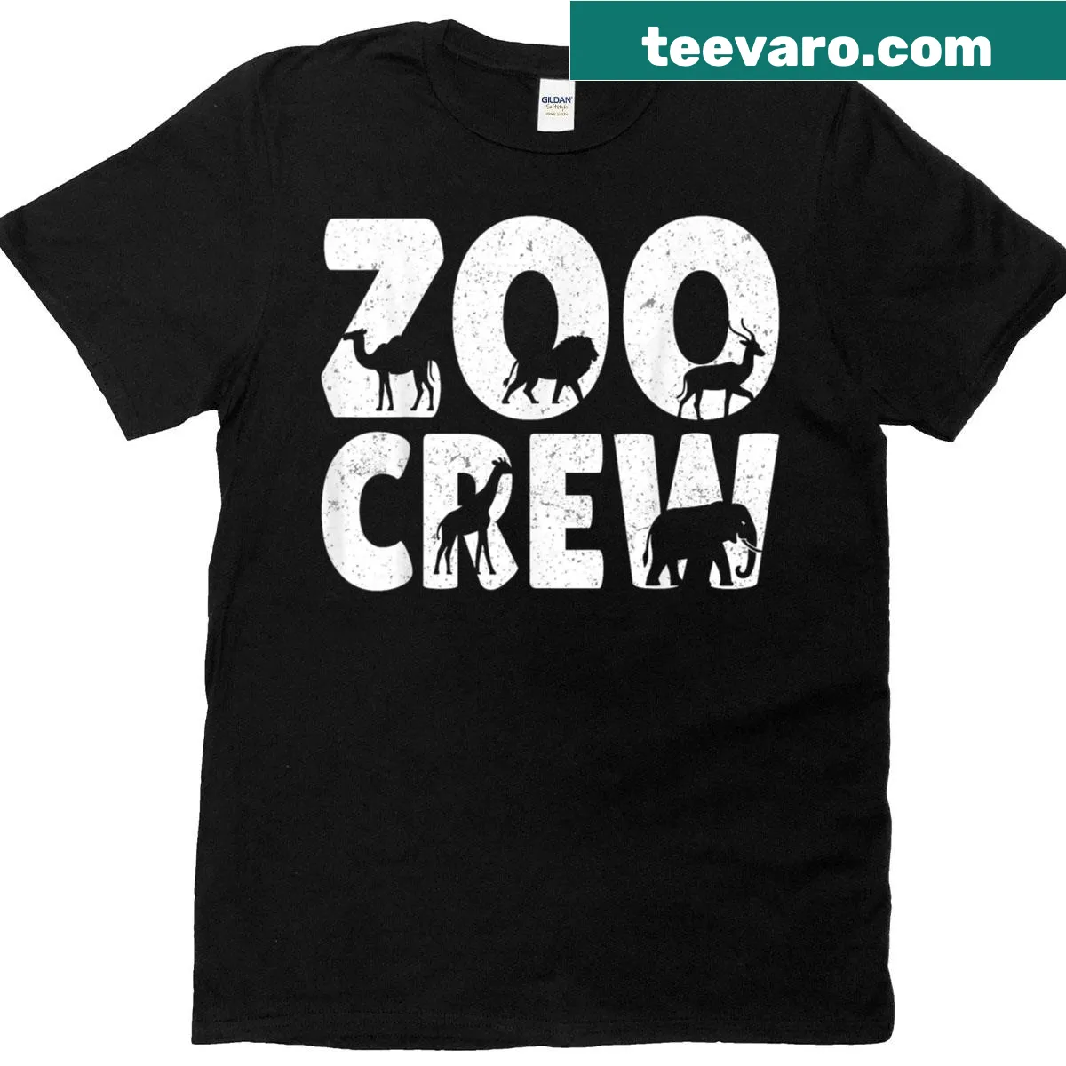 Cartoon-style T-shirt with Zoo Crew and animal graphics — on a men's t-shirt