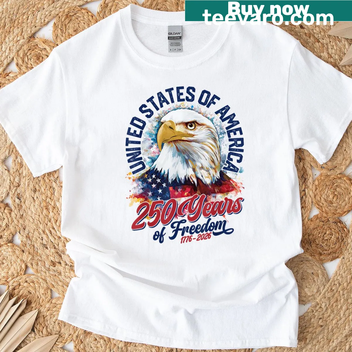 Patriotic T-shirt with an eagle graphic celebrating 250 years of freedom. — on a men's t-shirt
