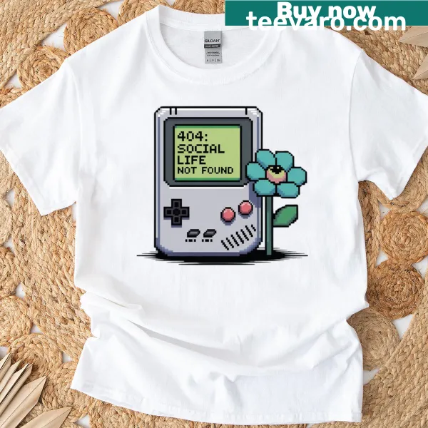 Retro pixel art shirt with '404 Social Life Not Found' text.