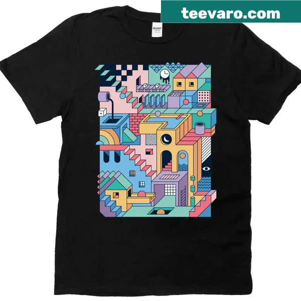 Boxy T-shirt featuring 80s Escher-inspired optical illusion design