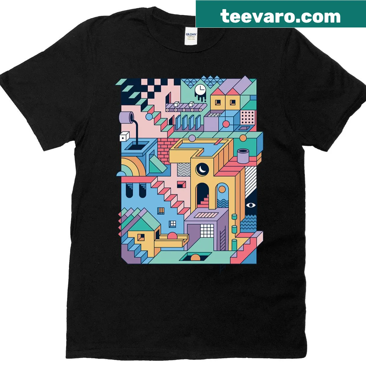 Boxy T-shirt featuring 80s Escher-inspired optical illusion design — on a men's t-shirt