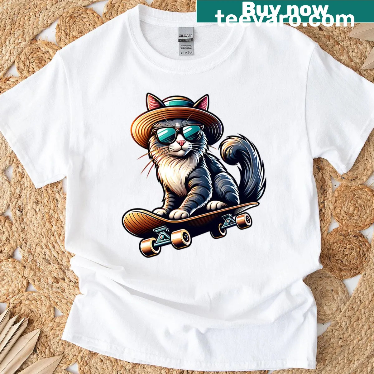 Cool cat illustration skateboarding on oversized t-shirt — on a men's t-shirt