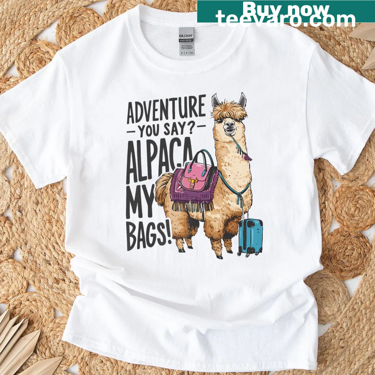 Travel-themed T-shirt with cute llama and pun about adventure — on a men's t-shirt