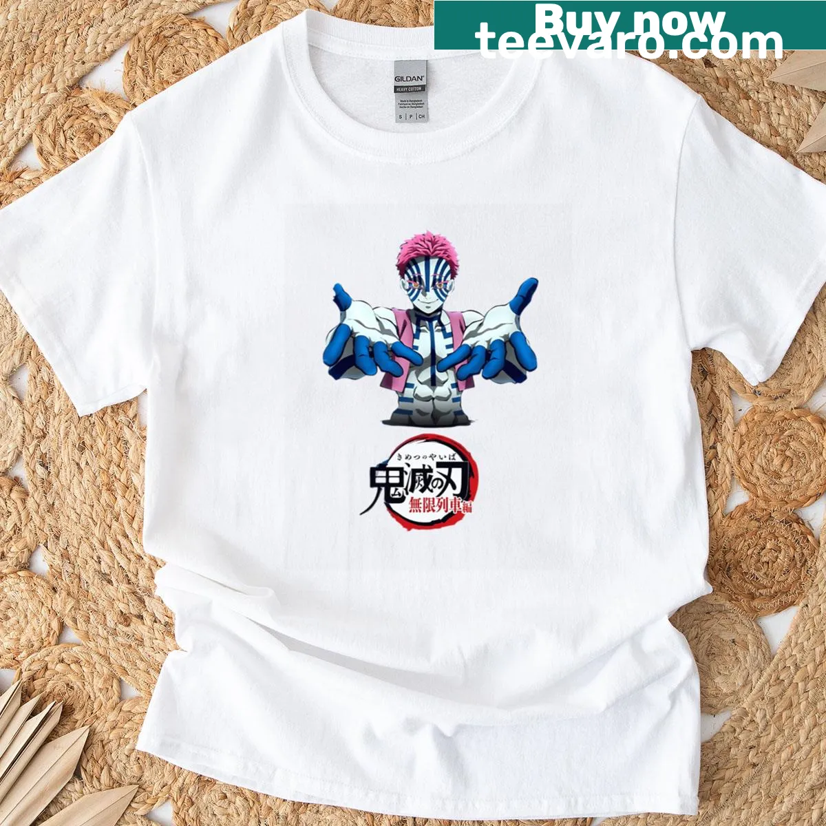 Premium T-shirt featuring Akaza from Demon Slayer in an artistic illustration — on a men's t-shirt