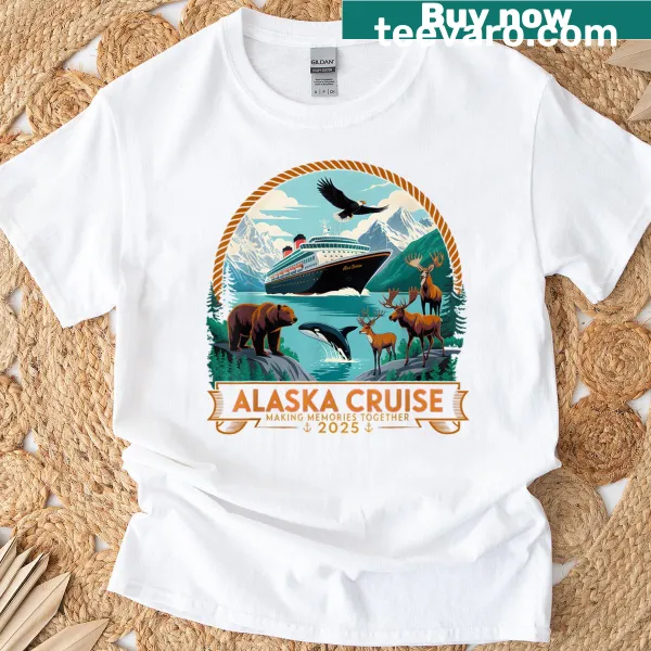 Matching group T-shirt celebrating Alaska cruise 2025 with stylized graphics