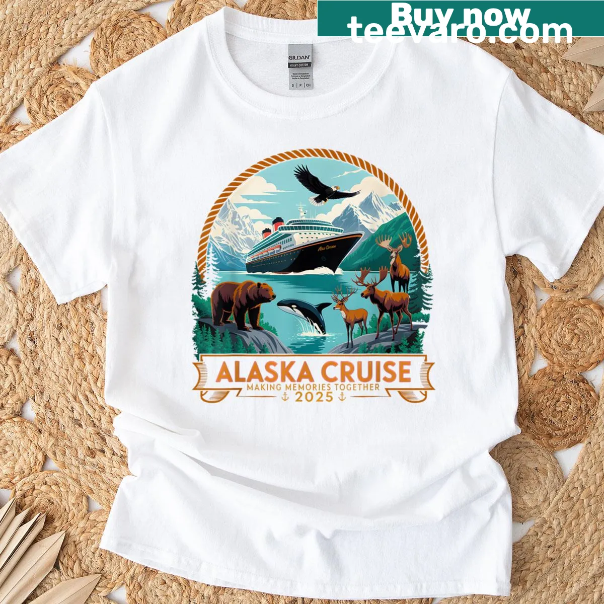Matching group T-shirt celebrating Alaska cruise 2025 with stylized graphics — on a men's t-shirt