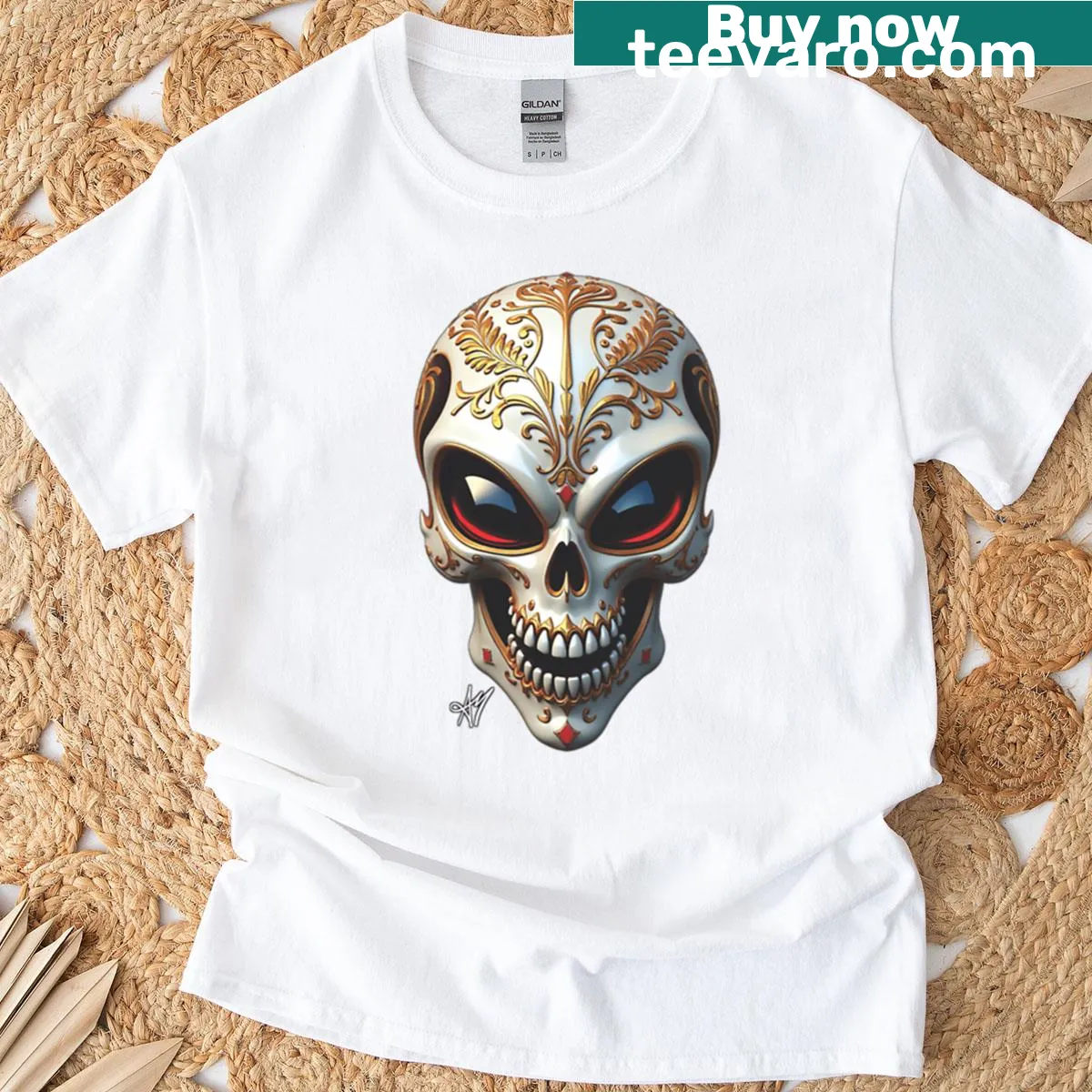 Intriguing alien skull silhouette t-shirt design — on a men's t-shirt