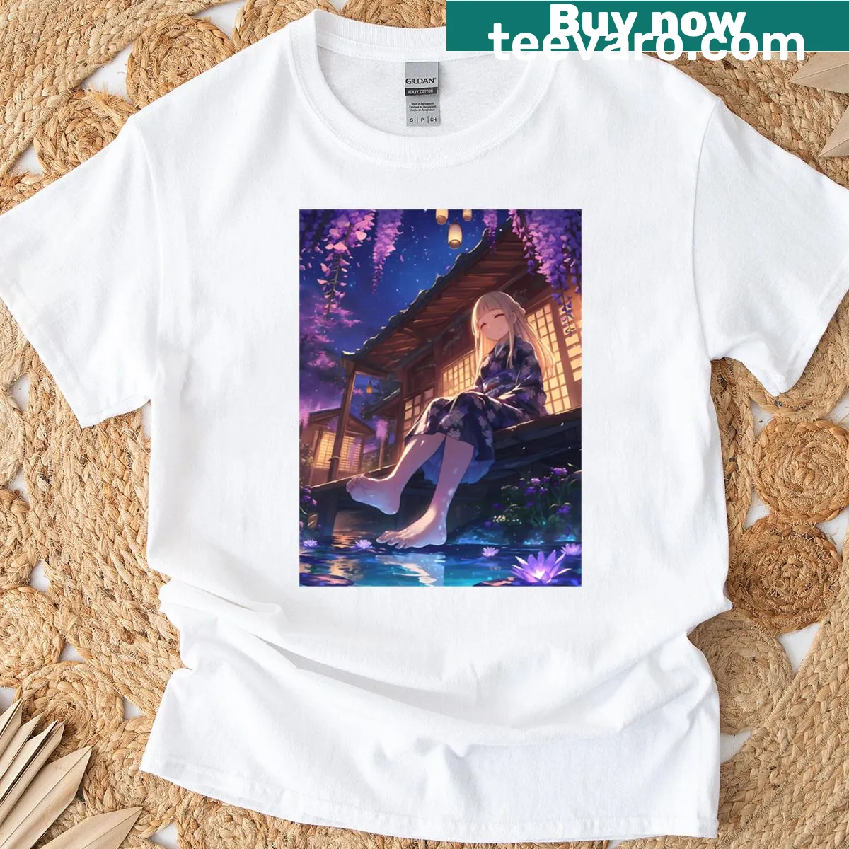 Anime girl in a lotus pond on a whimsical T-shirt design. — on a men's t-shirt