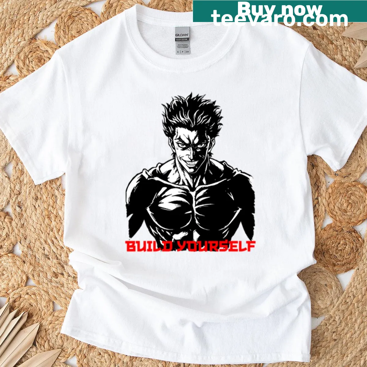 Anime-inspired bodybuilder design on fitness t-shirt — on a men's t-shirt