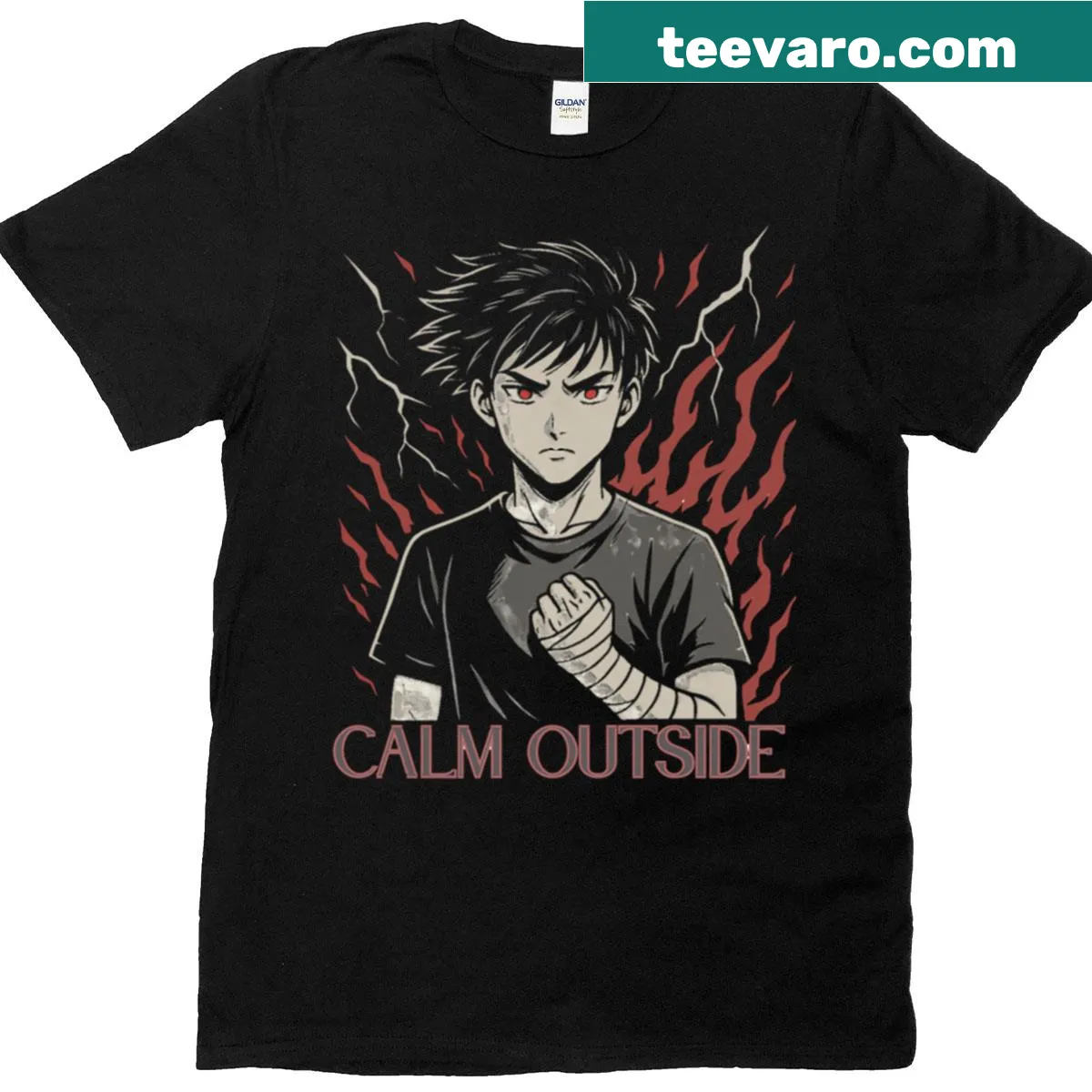 Manga-style t-shirt featuring a calm character in a training arc — on a men's t-shirt
