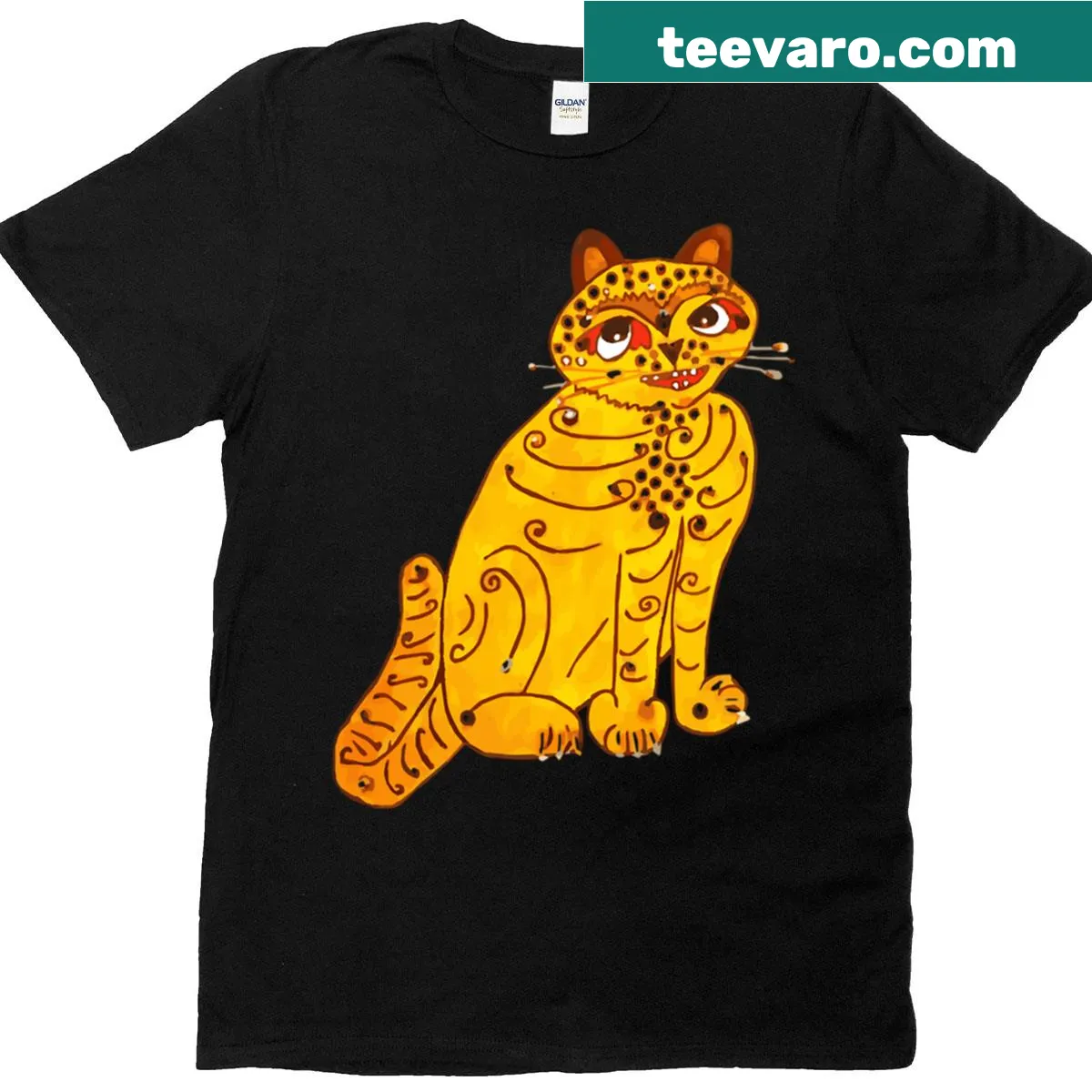 Funny t-shirt featuring a cat in ABBA-style dress — on a men's t-shirt