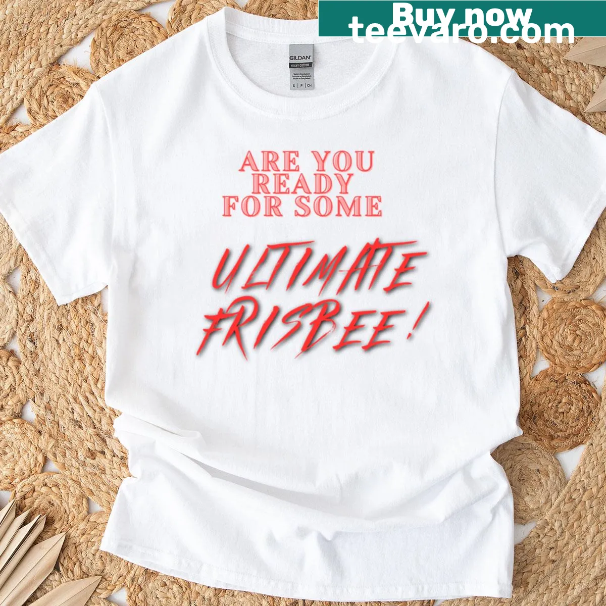 Playful typography asking 'Are You Ready For Some Ultimate Frisbee?' on t-shirt — on a men's t-shirt