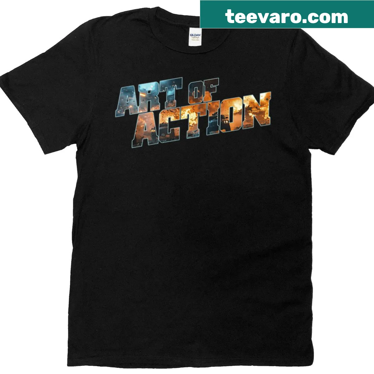 Active t-shirt featuring dynamic action-themed illustrations — on a men's t-shirt