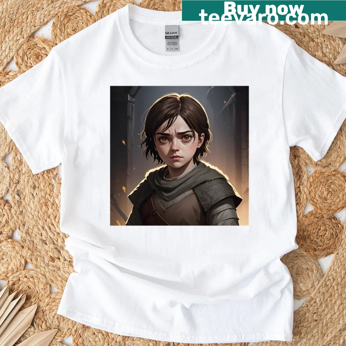 Anime-styled t-shirt featuring Arya Stark illustration — on a men's t-shirt