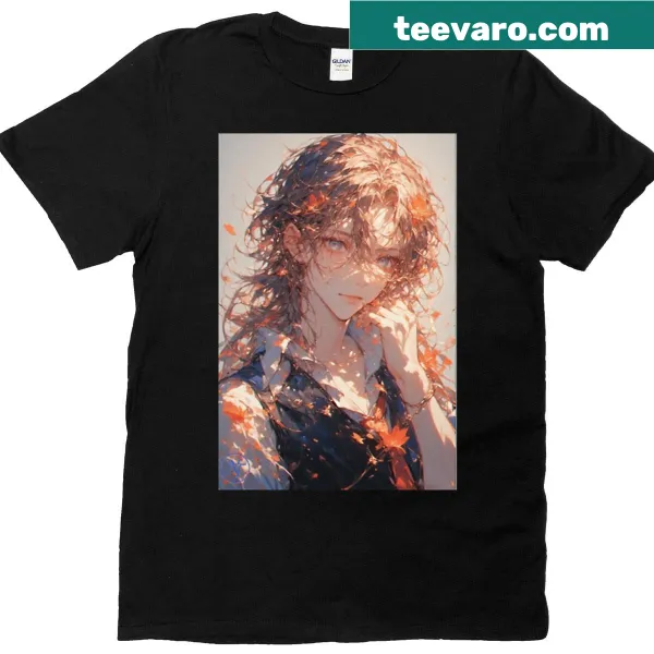 T-shirt featuring illustrated falling leaves in autumn theme