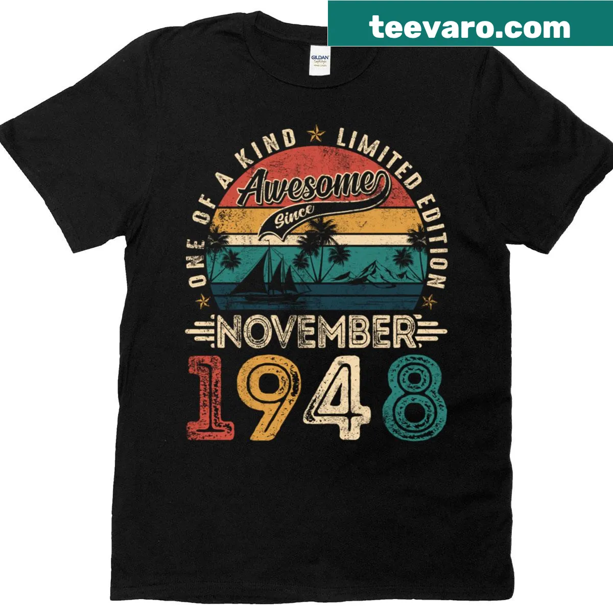 77th birthday t-shirt proudly celebrating being awesome since 1948 — on a men's t-shirt