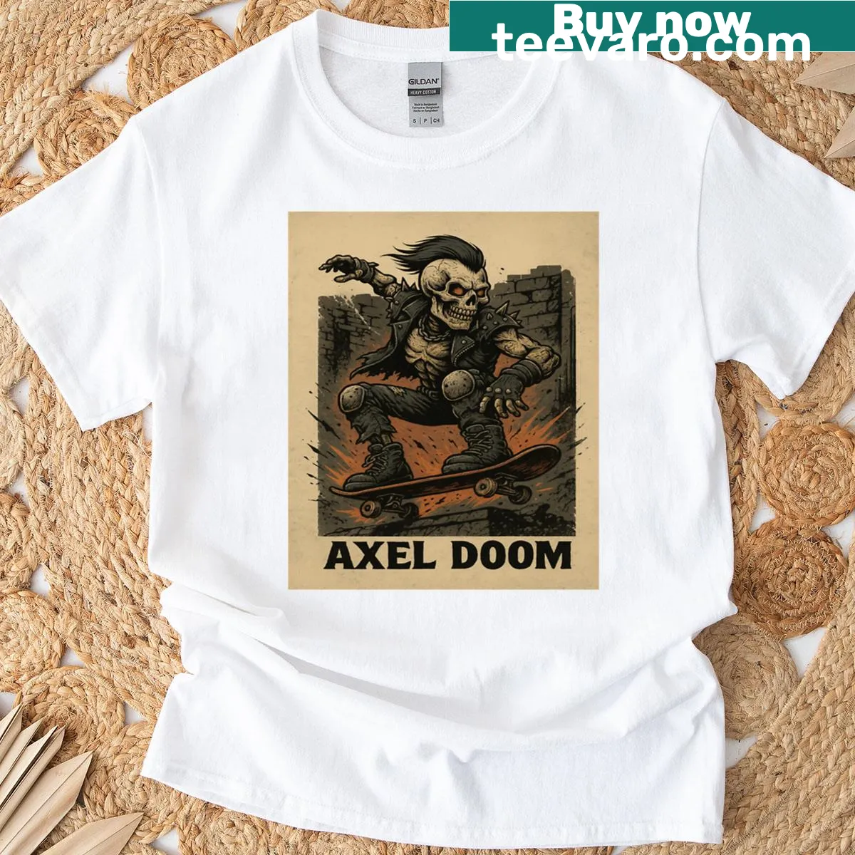 Heavy metal themed skater shirt featuring Axel Doom design — on a men's t-shirt