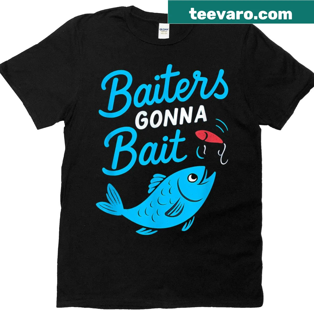 Humorous fishing t-shirt with 'Baiters Gonna Bait' text — on a men's t-shirt