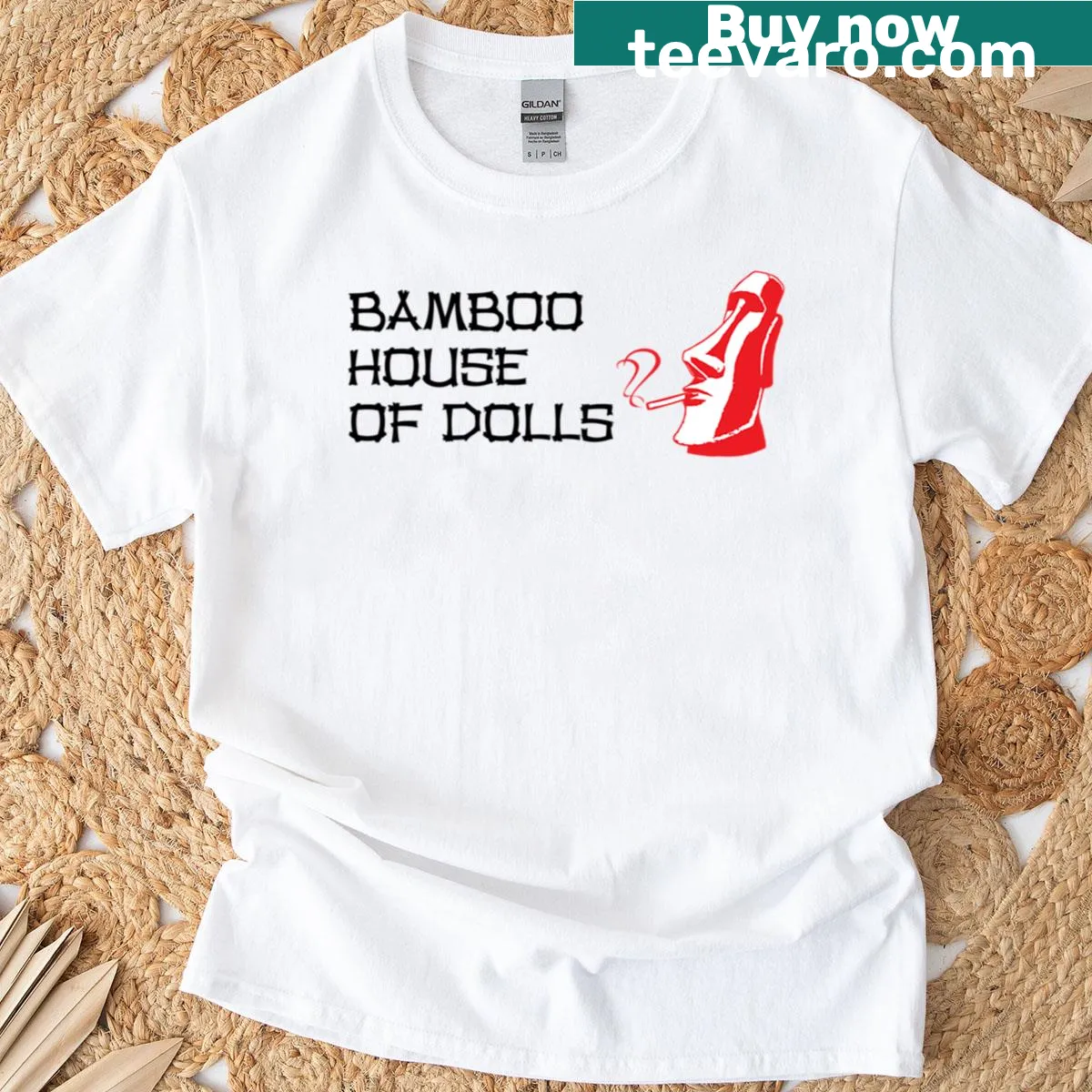 A T-shirt celebrating Bamboo House Of Dolls punk tiki bar — on a men's t-shirt