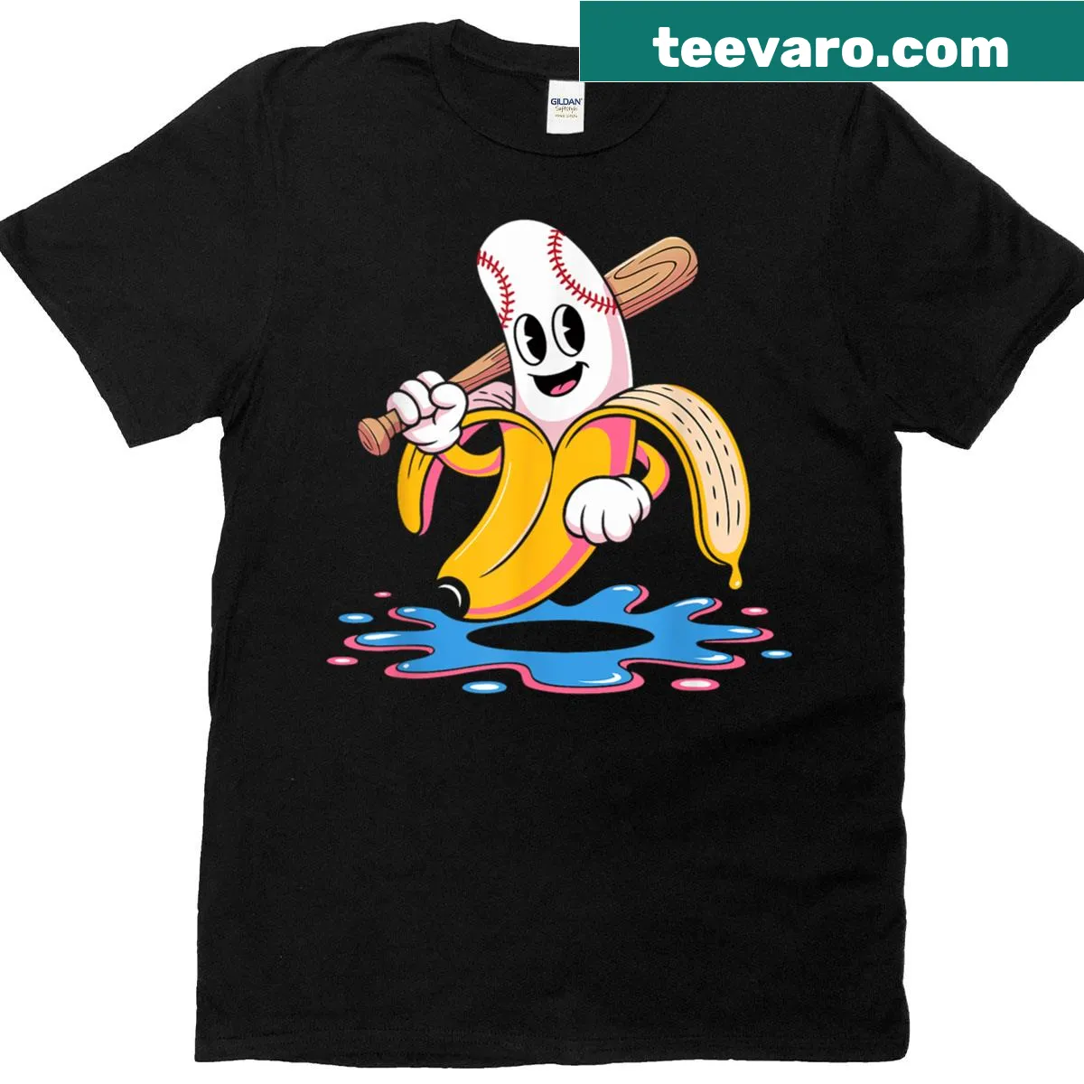Funny cartoon T-shirt with a banana as a baseball player. — on a men's t-shirt