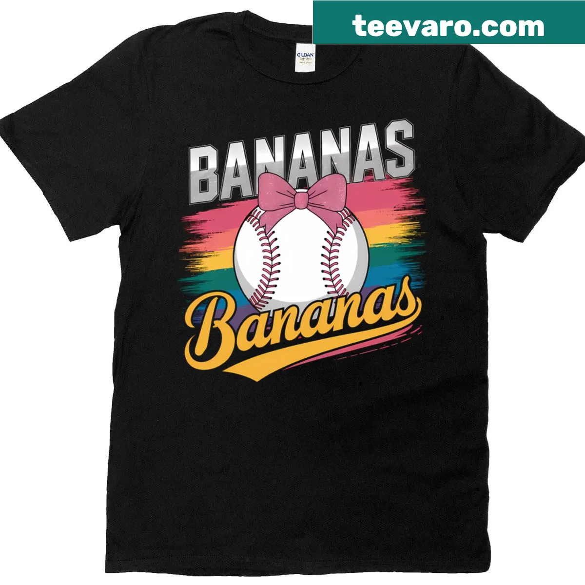 Cute retro t-shirt with a banana and pink bow graphic — on a men's t-shirt