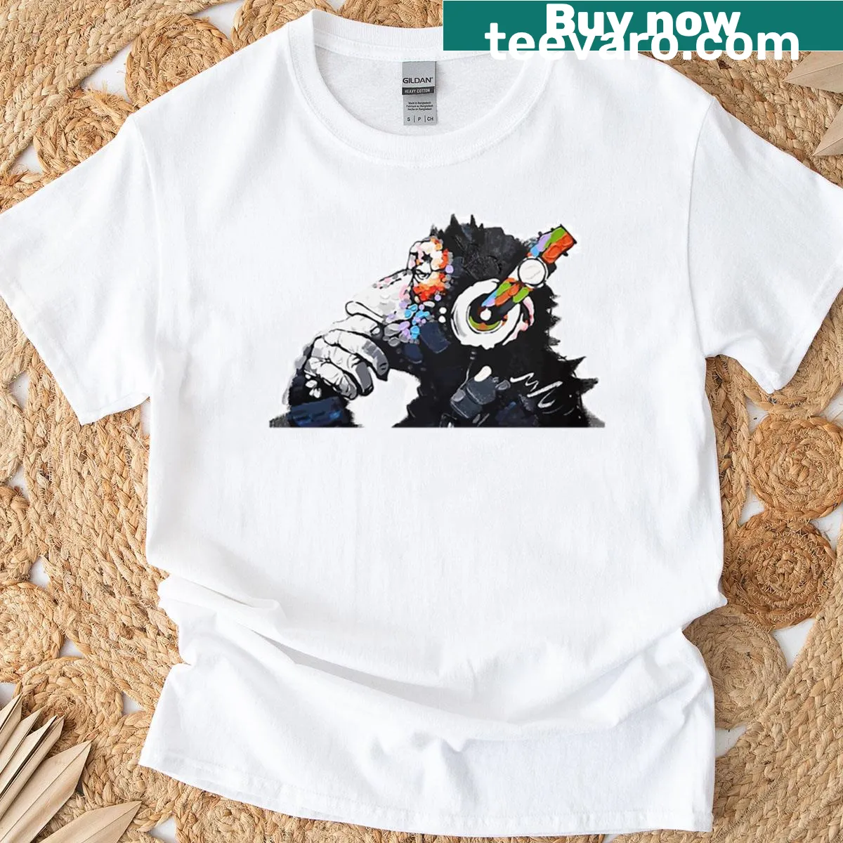Funky monkey DJ design with headphones and graffiti art — on a men's t-shirt