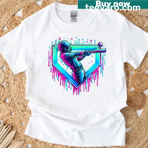 Playful baseball player dripping ice cream graphic T-shirt