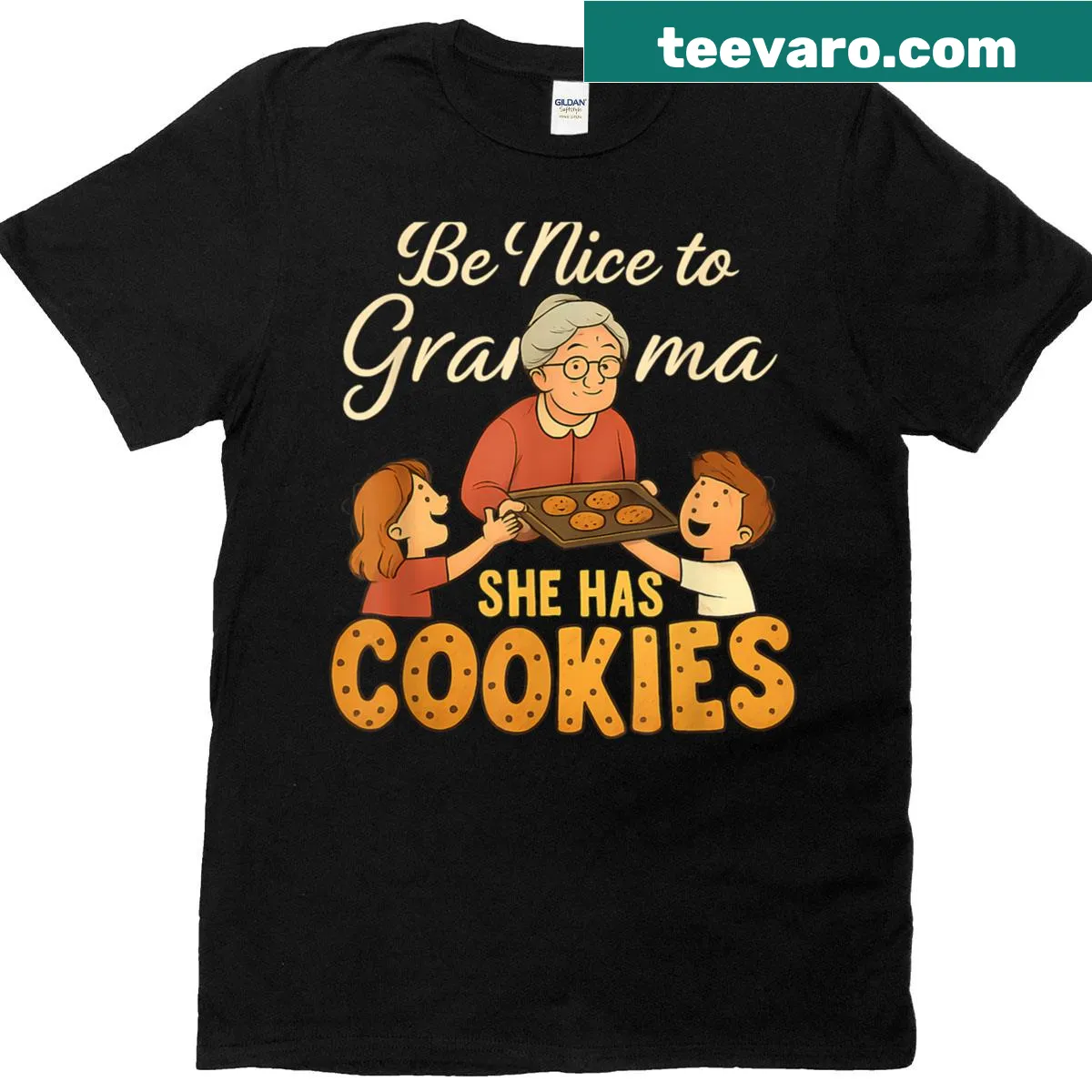 Funny novelty t-shirt with 'Be Nice To Grandma She Has Cookies' text — on a men's t-shirt