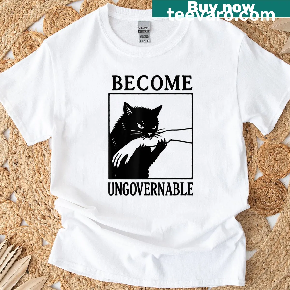 Funny meme t-shirt featuring a black cat biting a hand — on a men's t-shirt