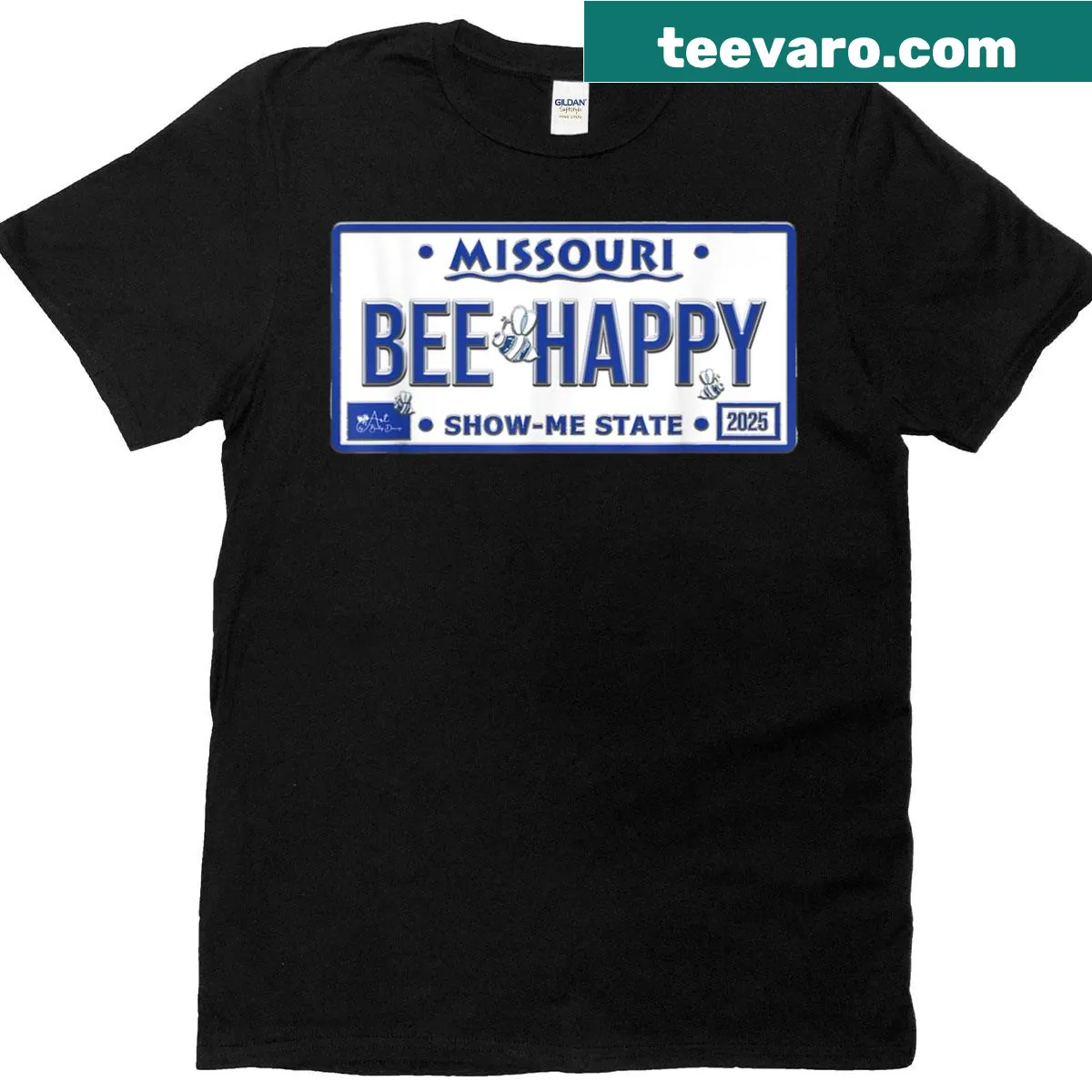 Cute bee graphic T-shirt with Missouri license plate design — on a men's t-shirt