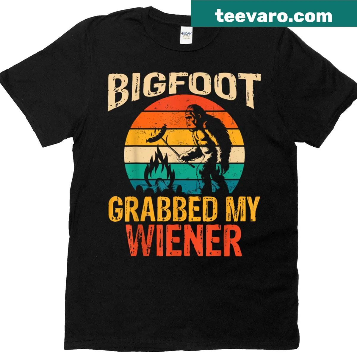 Funny camper t-shirt with 'Bigfoot Grabbed My Wiener' graphic — on a men's t-shirt