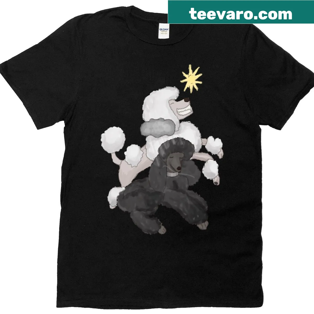 Playful poodle cartoon design T-shirt — on a men's t-shirt