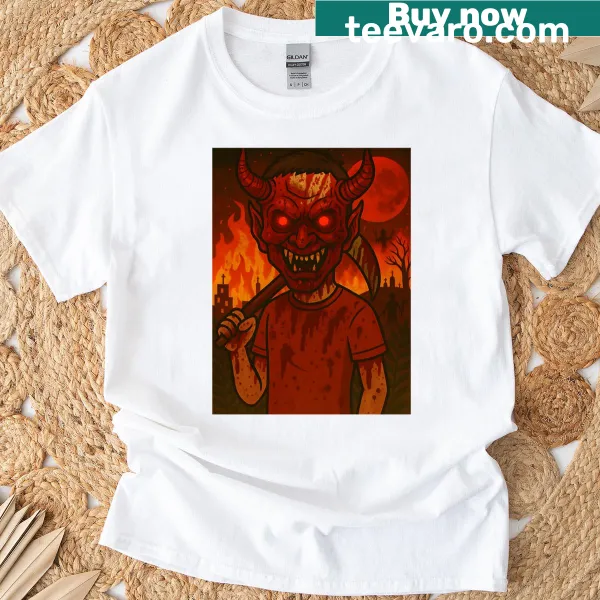 Blood-soaked devil mask graphic T-shirt for Halloween enthusiasts