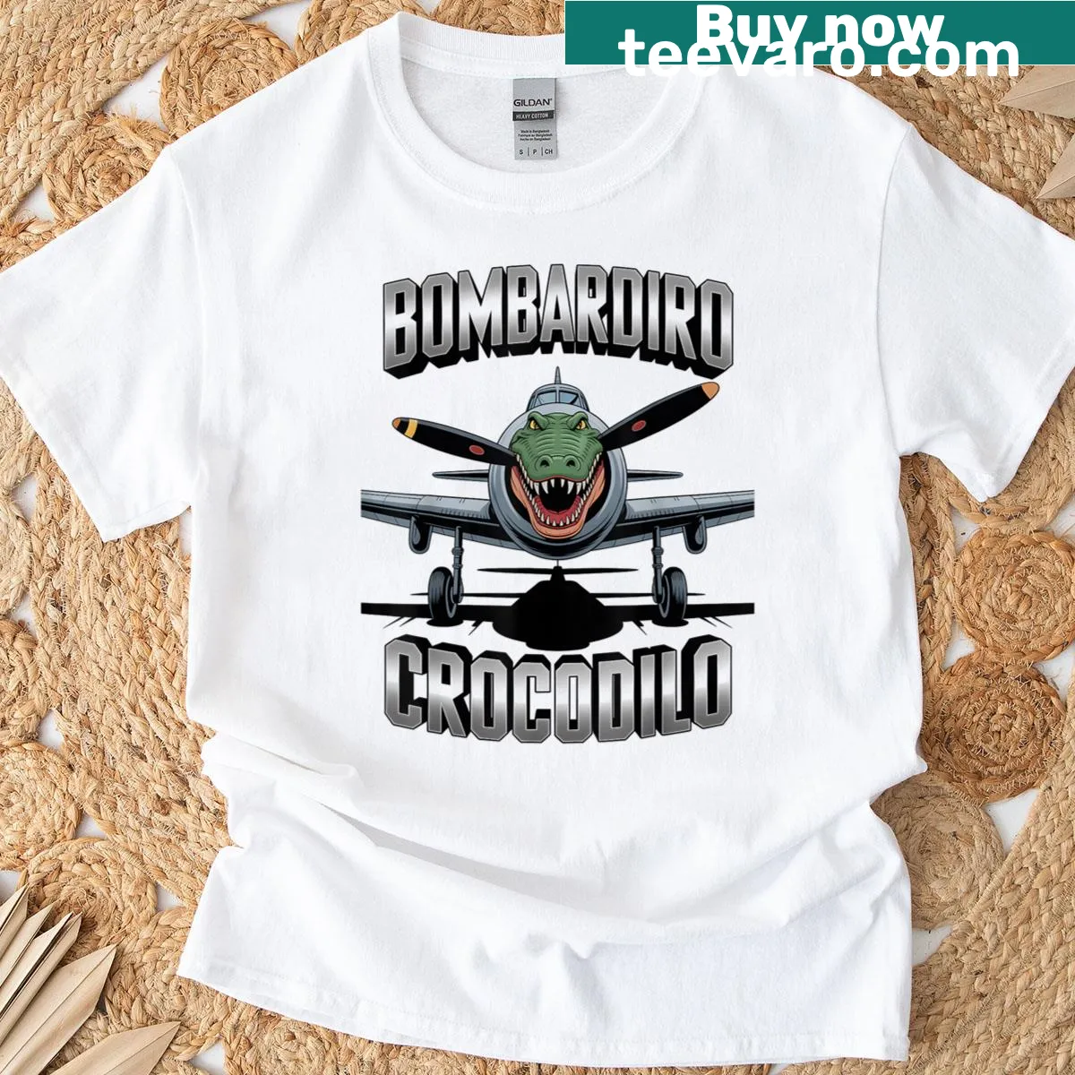 Meme-themed shirt featuring Bombardiro Crocodilo illustration — on a men's t-shirt